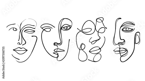 Konstfotografi Minimalist Abstract Line Art Featuring Multiple Stylized Faces in Monochrome Des