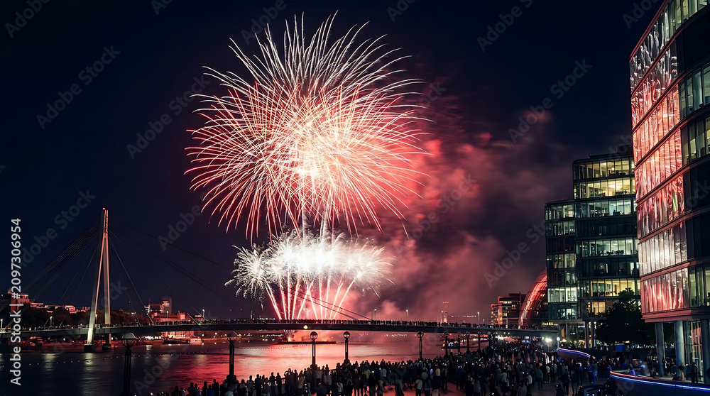 Fototapeta premium Spectacular nighttime fireworks display over a city waterfront with modern buildings