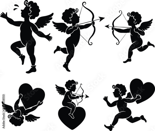 Obraz na płótnie Black Cupid silhouettes, heart icons, love symbols, Valentine's Day graphics, ve