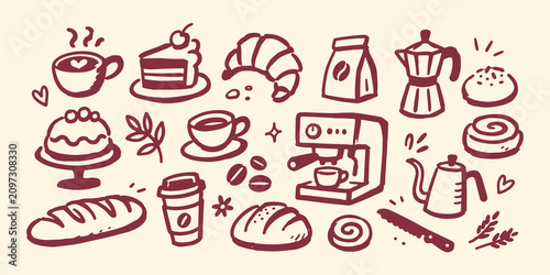 Schilderij op canvas Coffee and Bakery Doodle Set Hand Drawn Vector Illustration