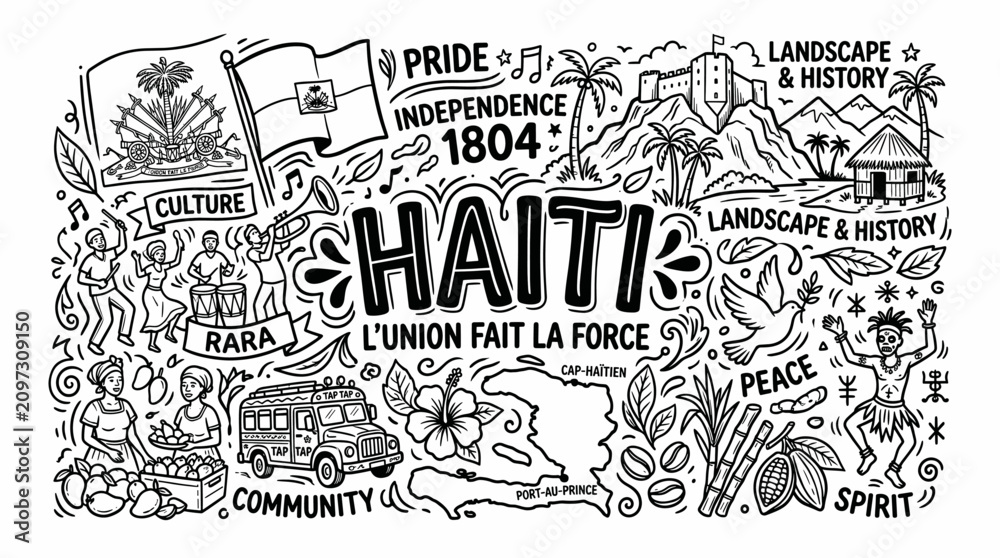 Fototapeta premium Haiti Cultural Symbols in Black and White Hand Drawn Doodle Illustration Style