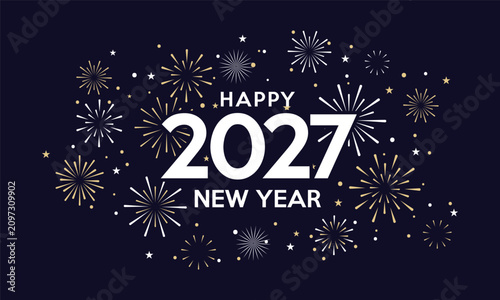 Happy New Year 2027 Celebration with Fireworks Greeting Card with Abstract Background