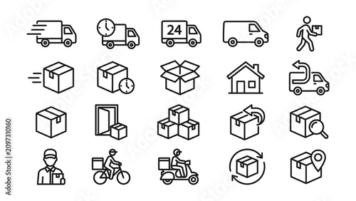 Slika na platnu Delivery and shipping icons including trucks boxes and people moving packages qu