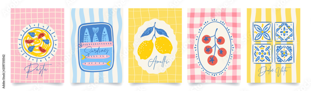 Fototapeta premium Set of abstract italian posters. Amalfi. Summer mediterranean print with hand drawn lemon, tomato, italian blue tile, sardines, pasta. Vacation in Italy. Vector illustration for card, menu, cover.