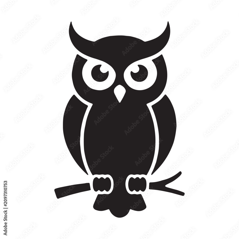 Fototapeta premium Black owl icon, silhouette bird, nocturnal animal, wildlife symbol, vector illustration