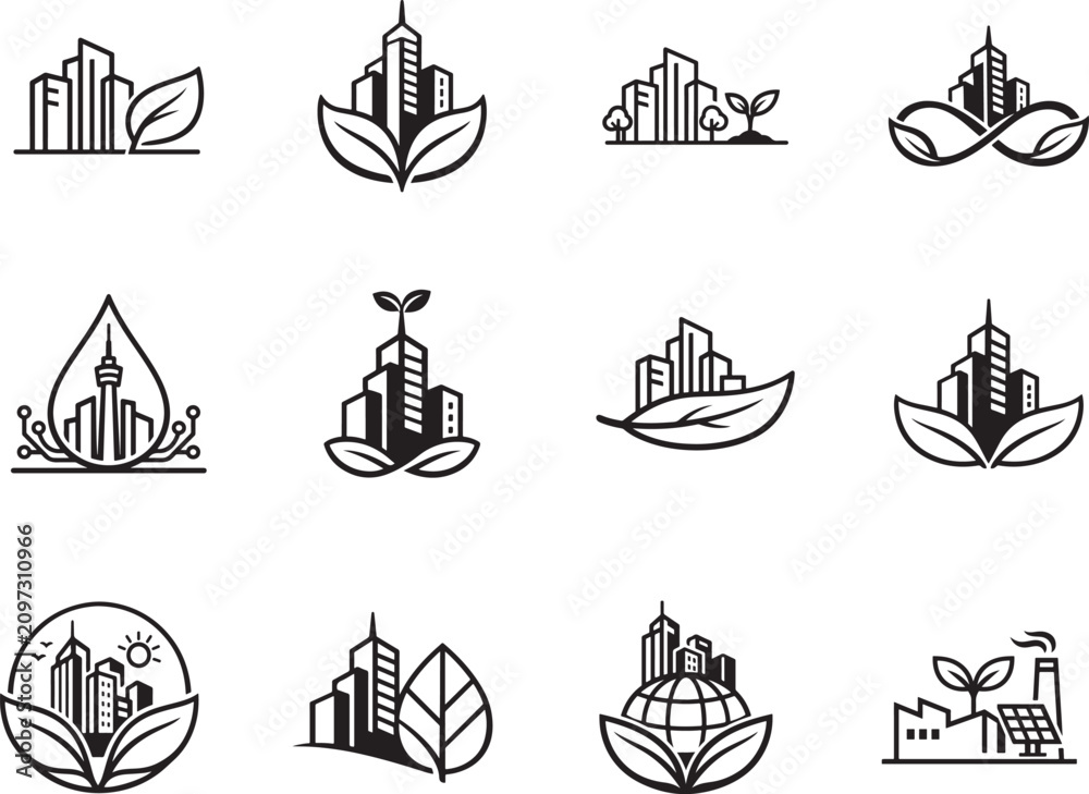 Naklejka premium Green city icon set with eco buildings, urban symbols and editable vector stroke for sustainable design.