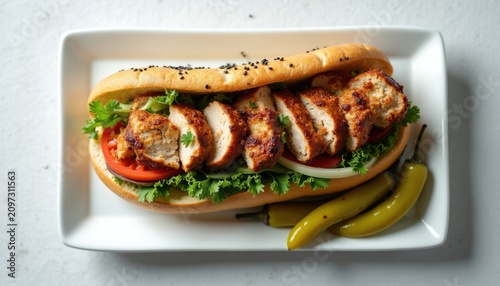 Top view of chicken doner kebab sandwich served on white rectangular plate. Crispy bread roll stuffed with grilled meat slices fresh lettuce red tomato onion rings, spicy green chili peppers. Tasty