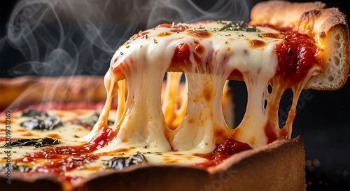 Hot deep dish pizza slice. Melted cheese pull on crust. Tasty food shot.
