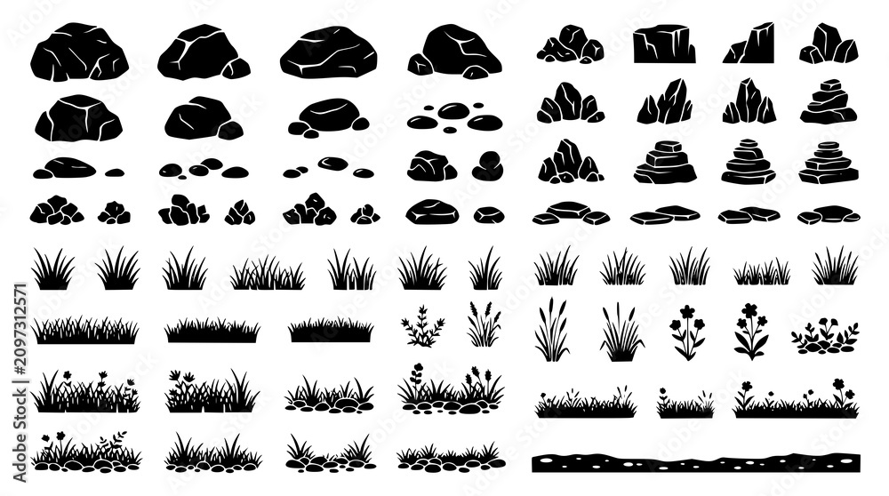 Fototapeta premium : Rock and Grass Design Element Vector Set with Natural Stone and Wild Grass Silhouettes