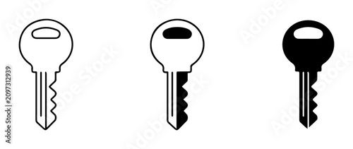 Key Icons Set: Outline, Filled Outline, Solid Black Vector Graphics