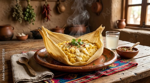 Humita served on ceramic plate. Steaming traditional dish. Latin American cuisine