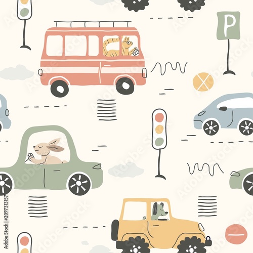 Scandinavian Cute Cars Seamless Pattern. Minimal Kids Transportation Background. Pastel Nursery Vehicle Repeat. Timeless gender-neutral transportation theme suitable for both commercial