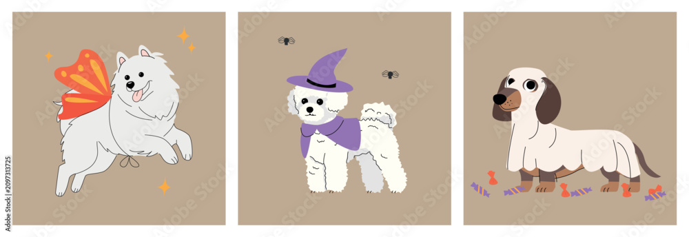 Fototapeta premium Cute Halloween dogs in costumes: fairy Samoyed, witch poodle and ghost dachshund, isolated on beige background. Vector illustration