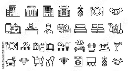 Bild auf Leinwand Hotel and hospitality service line icon set vector illustration featuring lodgin