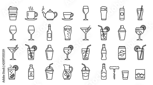 Fotografie Bar and cafe beverage line icon set vector illustration featuring hot drinks coc