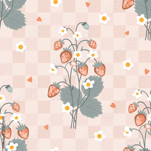 Wild Strawberry Plant with Fruits, Flowers, and hearts pastel seamless pattern. Gingham Vector background