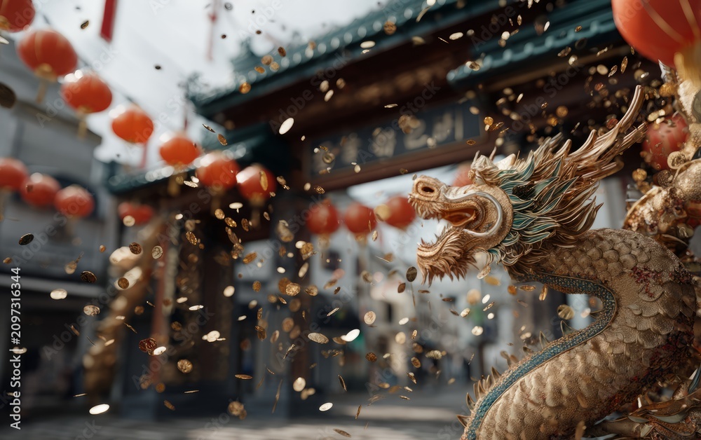 Obraz premium Vibrant 3D Scene of a Giant Golden Dragon for Chinese New Year Celebration