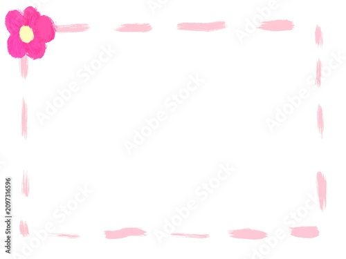 Hand drawn doodle frame with cute pink flower, dashed brush stroke rectangular border