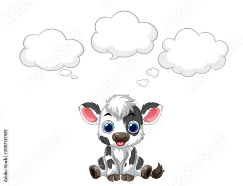 Cute Cartoon Cow Sitting with Empty Thought Bubbles Vector Illustration