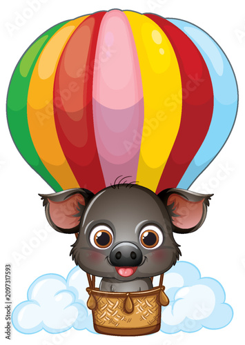Cute Cartoon Boar Flying in a Colorful Hot Air Balloon