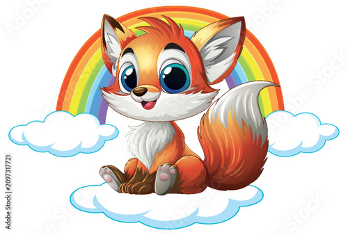 Cute Cartoon Baby Fox Sitting on a Cloud with Rainbow