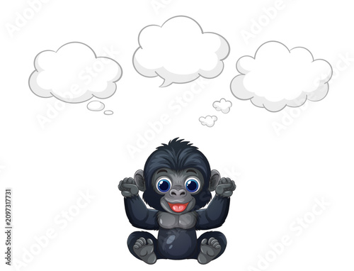 Cartoon Gorilla Character Sitting with Empty Thought Bubbles Above Head