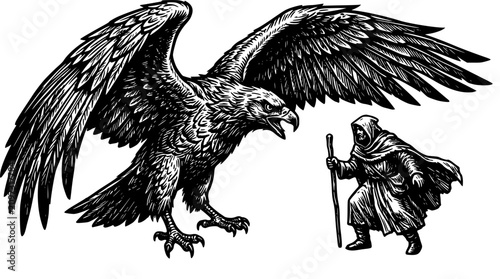 Bild auf Leinwand Vintage hand drawn engraving vector illustration of a medieval hooded wizard wit