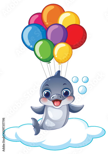 Cute Cartoon Dolphin Floating on a Cloud with Colorful Balloons