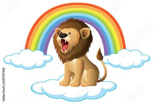 Cartoon Lion Roaring on a Cloud with a Colorful Rainbow Background