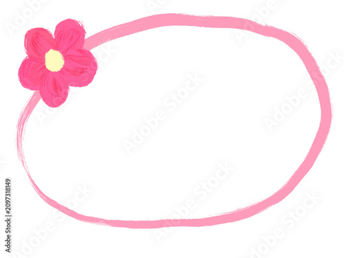 Hand drawn doodle frame with cute pink flower, oval brush stroke border