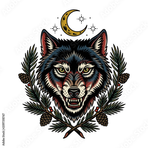 Fotografi Wolf Head with Crescent Moon and Pine Garland, Tattoo Style Illustration