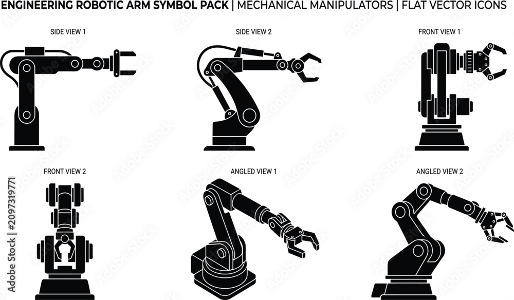 Photos Engineering, robotic, arm, symbol, pack, mechanical, manipulators, flat, vector,