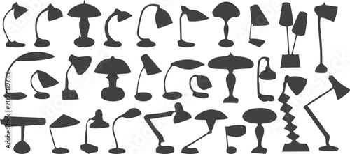 Foto Collection of Desk Lamp Silhouettes: A diverse array of desk lamp designs, captured in silhouette, showcasing various shapes, sizes, and styles, from modern minimalist to classic arched forms