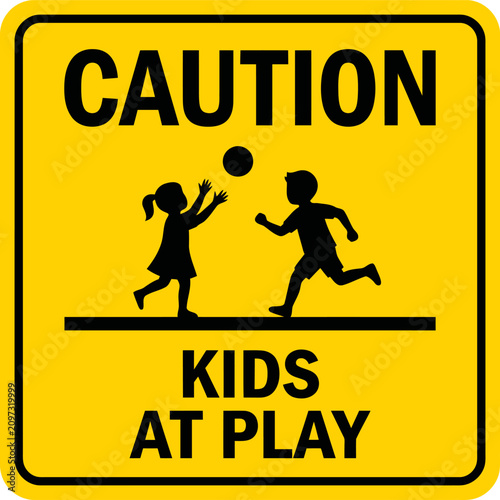 Quadro su tela Caution kids at play yellow warning traffic sign illustration with children