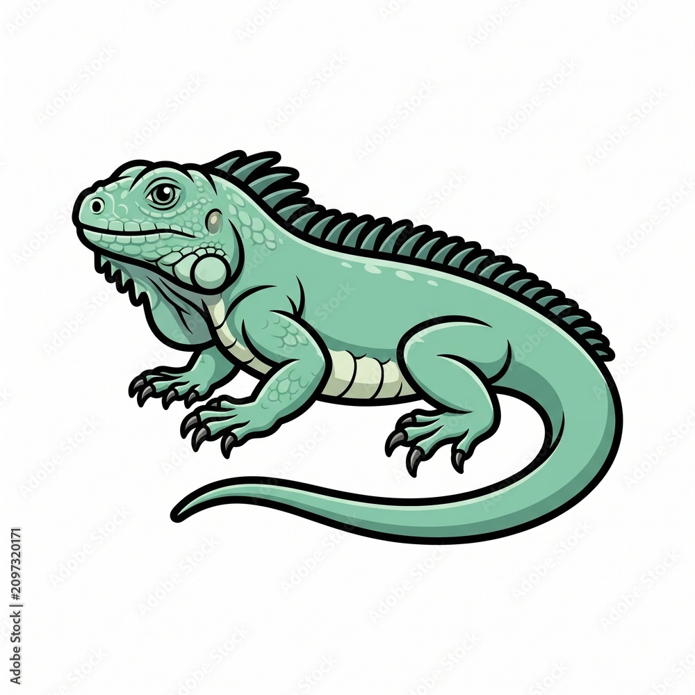 Fototapeta premium Green iguana lizard walking on white background. Detailed reptile illustration for educational and commercial use