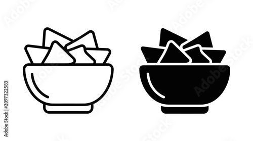 Tortilla Chips Bowl Icon Set Vector Outline and Solid Nachos Snack Food Icons