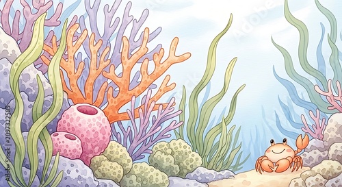 Underwater scene with colorful coral reefs, green seaweed, and a cute orange crab walking on the sandy ocean floor in a bright cartoon style