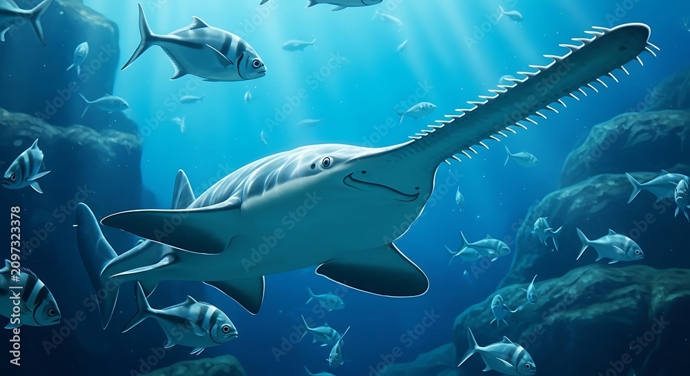Fototapeta premium Sawfish swimming through clear blue ocean water surrounded by a school of smaller fish and rocky underwater terrain in a deep sea environment
