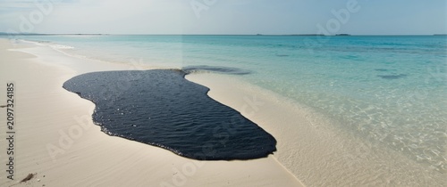 Black Limy Area on a Tropical Beach with Clear Blue Waters
