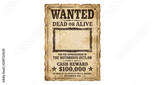 Vintage western style wanted poster vector graphic illustration featuring a blank frame for criminal portraits