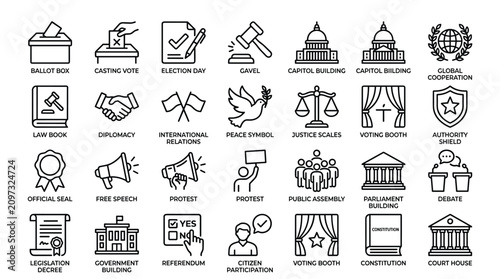 Government and law icons set featuring political symbols including ballot box capitol building justice scales gavel diplomacy and election campaign elements.