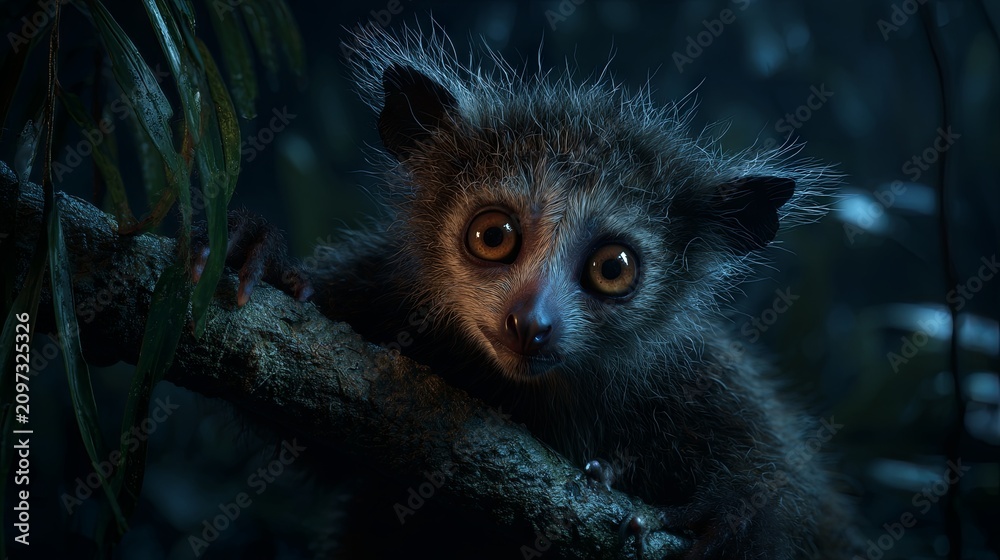 Naklejka premium An ultra-realistic aye-aye lemur perched on a tree branch in the dark Madagascan rainforest, its luminous eyes glowing through the shadows and creating a mysterious nocturnal atmosphere. 