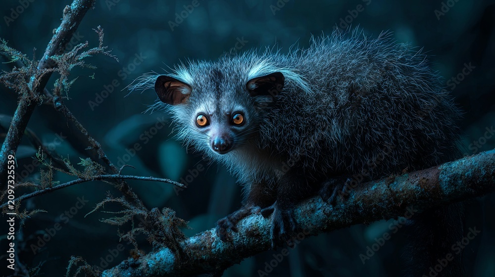 Obraz premium An ultra-realistic aye-aye lemur perched on a tree branch in the dark Madagascan rainforest, its luminous eyes glowing through the shadows and creating a mysterious nocturnal atmosphere.