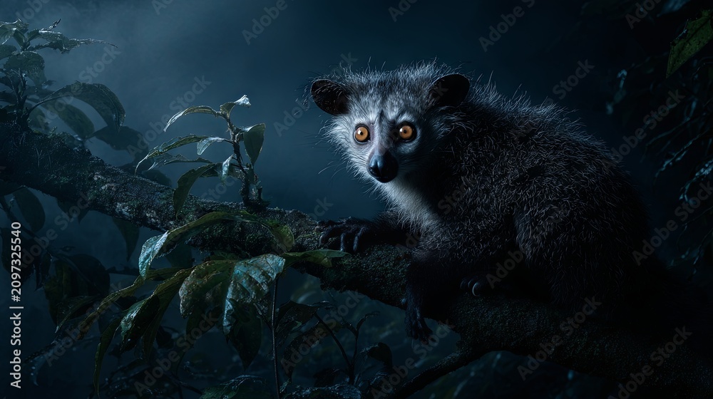 Obraz premium An ultra-realistic aye-aye lemur perched on a tree branch in the dark Madagascan rainforest, its luminous eyes glowing through the shadows and creating a mysterious nocturnal atmosphere.