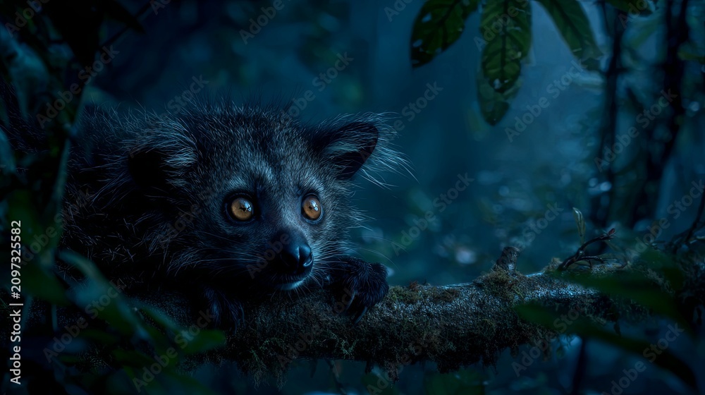 Naklejka premium An ultra-realistic aye-aye lemur perched on a tree branch in the dark Madagascan rainforest, its luminous eyes glowing through the shadows and creating a mysterious nocturnal atmosphere. 