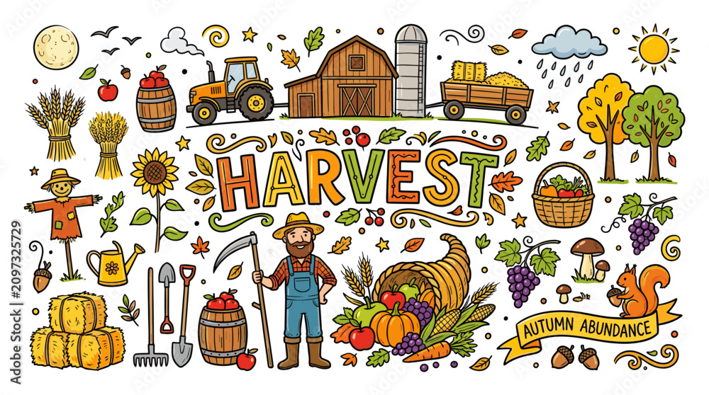 Fototapeta premium Harvest Season Farm Poster in Colorful Hand Drawn Doodle Style