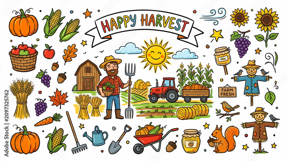 Fototapeta premium Autumn Harvest Farm Elements in Colorful Hand Drawn Doodle Style