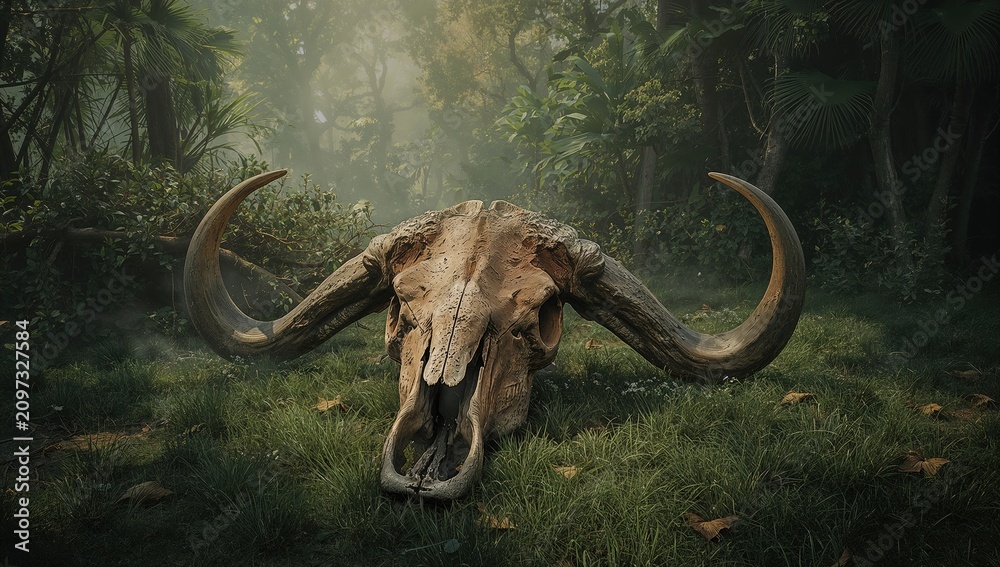 Fototapeta premium Buffalo Skull Resting on Green Grass in Foggy Forest Environment