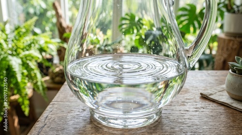 Glass pitcher filled with clear water sits on a rustic wooden table surrounded by lush green house plants.