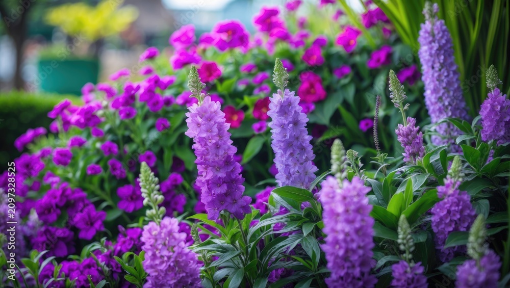 Obraz premium Vibrant Garden Scene featuring Purple Flowers and Lush Green Foliage.
